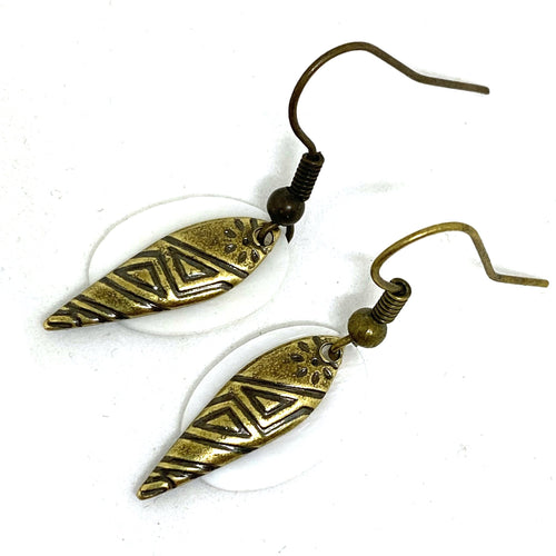 White Shell Antique Brass Dagger Tribal Earrings