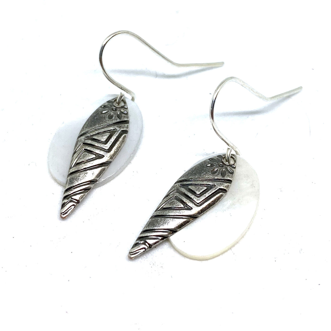 White Shell with Silver Dagger Tribal Dangle Earrings