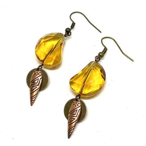 Yellow Kidney Crystal Bead Earrings