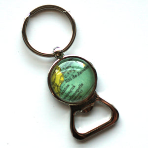 Key Ring - Vintage Map Of Brazil On Silver Key Ring With Bottle Opener