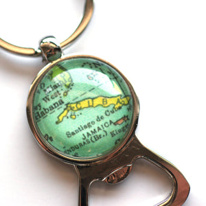 Key Ring - Vintage Map Of Cuba On Silver Key Ring With Bottle Opener