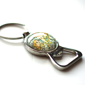 Key Ring - Vintage Map Of Greece On Silver Key Ring With Bottle Opener