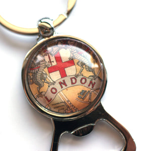 Key Ring - Vintage Map Of London On Silver Key Ring With Bottle Opener