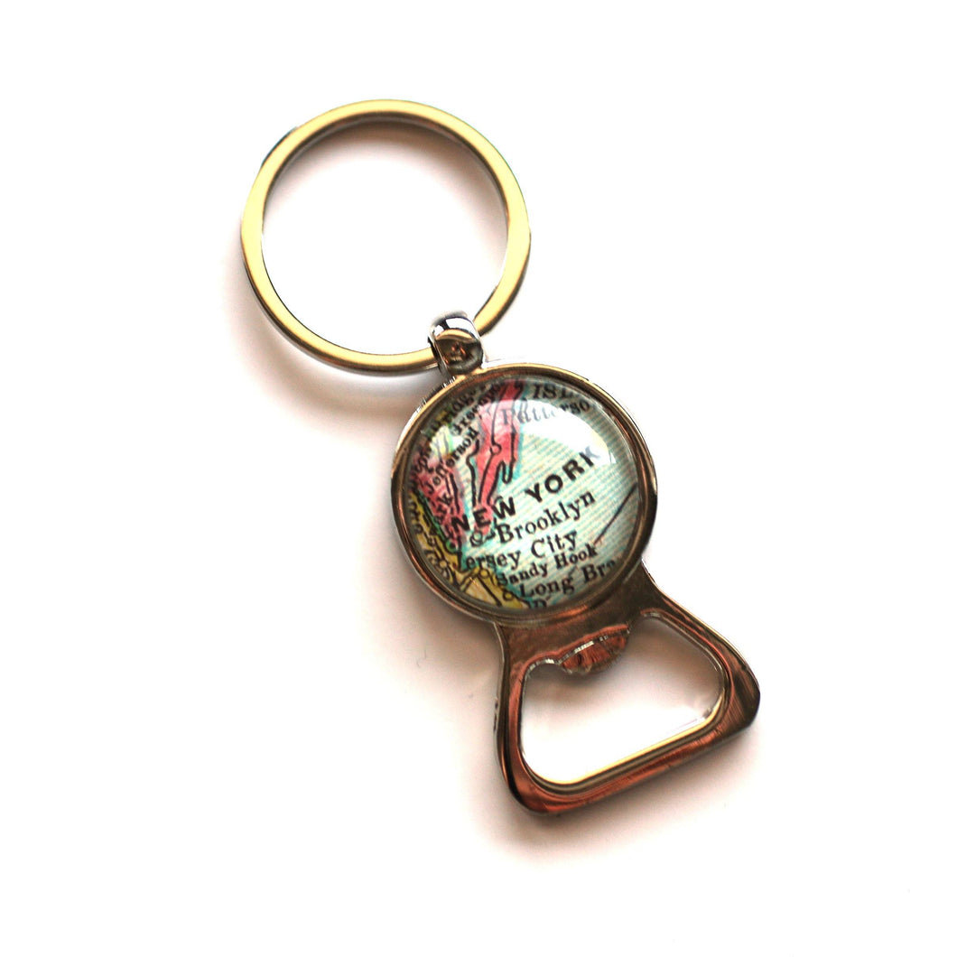Key Ring - Vintage Map Of New York On Silver Key Ring With Bottle Opener