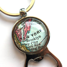 Load image into Gallery viewer, Key Ring - Vintage Map Of New York On Silver Key Ring With Bottle Opener