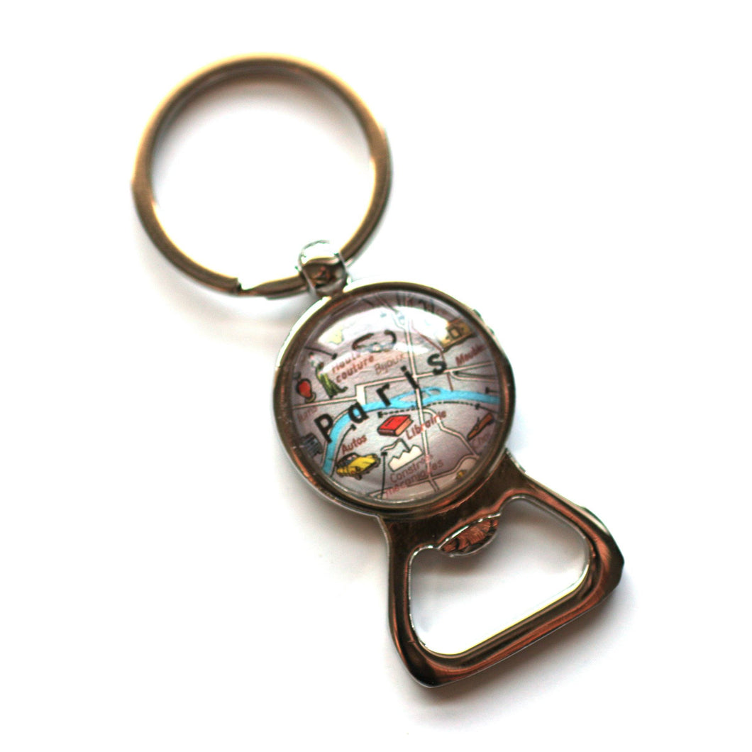 Key Ring - Vintage Map Of Paris On Silver Key Ring With Bottle Opener