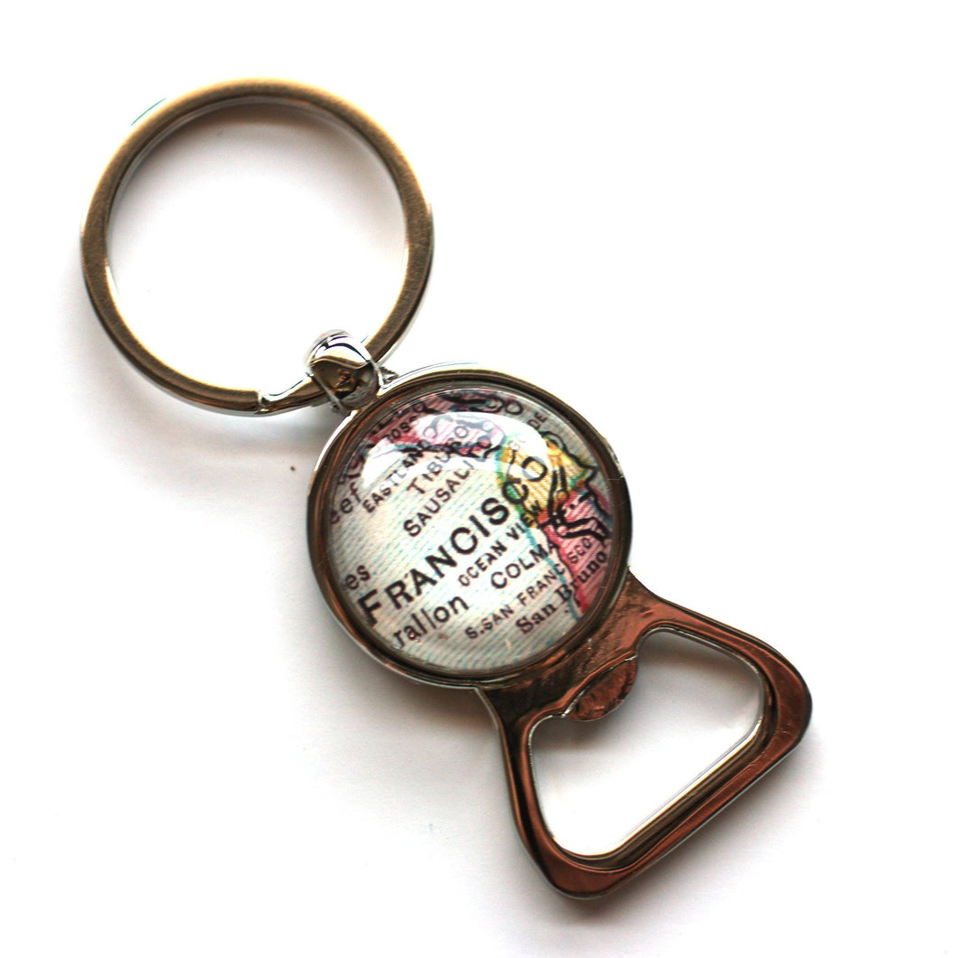 Key Ring - Vintage Map Of San Francisco On Silver Key Ring With Bottle Opener