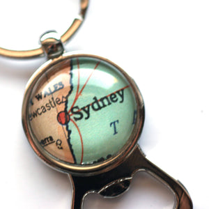 Key Ring - Vintage Map Of Sydney On Silver Key Ring With Bottle Opener
