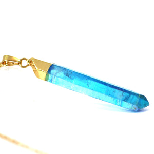 Blue Raw Aurora Crystal Pendant on 18" Long 24k Gold Plated Chain