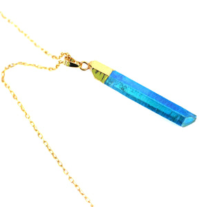 Blue Raw Aurora Crystal Pendant on 18" Long 24k Gold Plated Chain