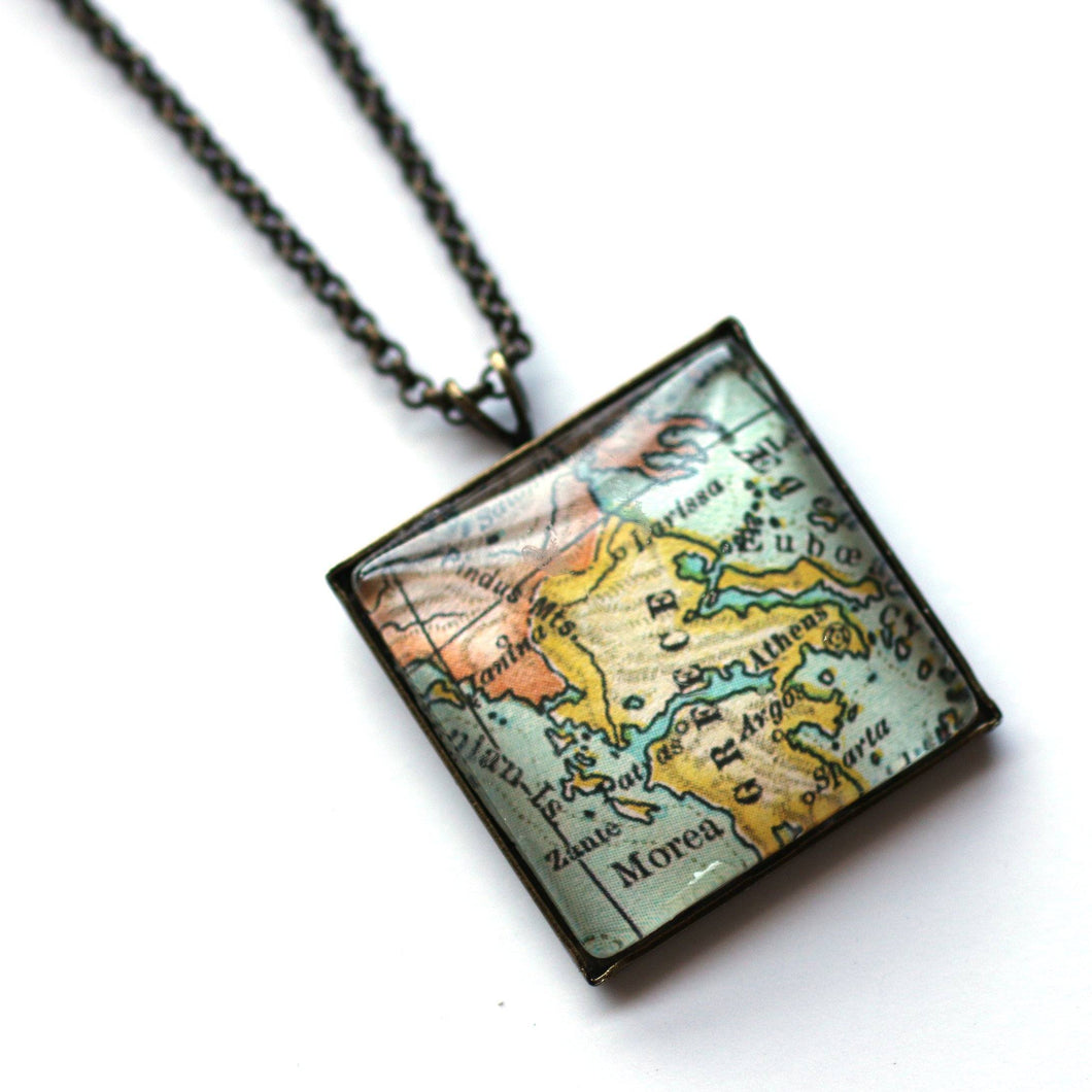 Necklace - Greece Vintage Map Small Square Pendant