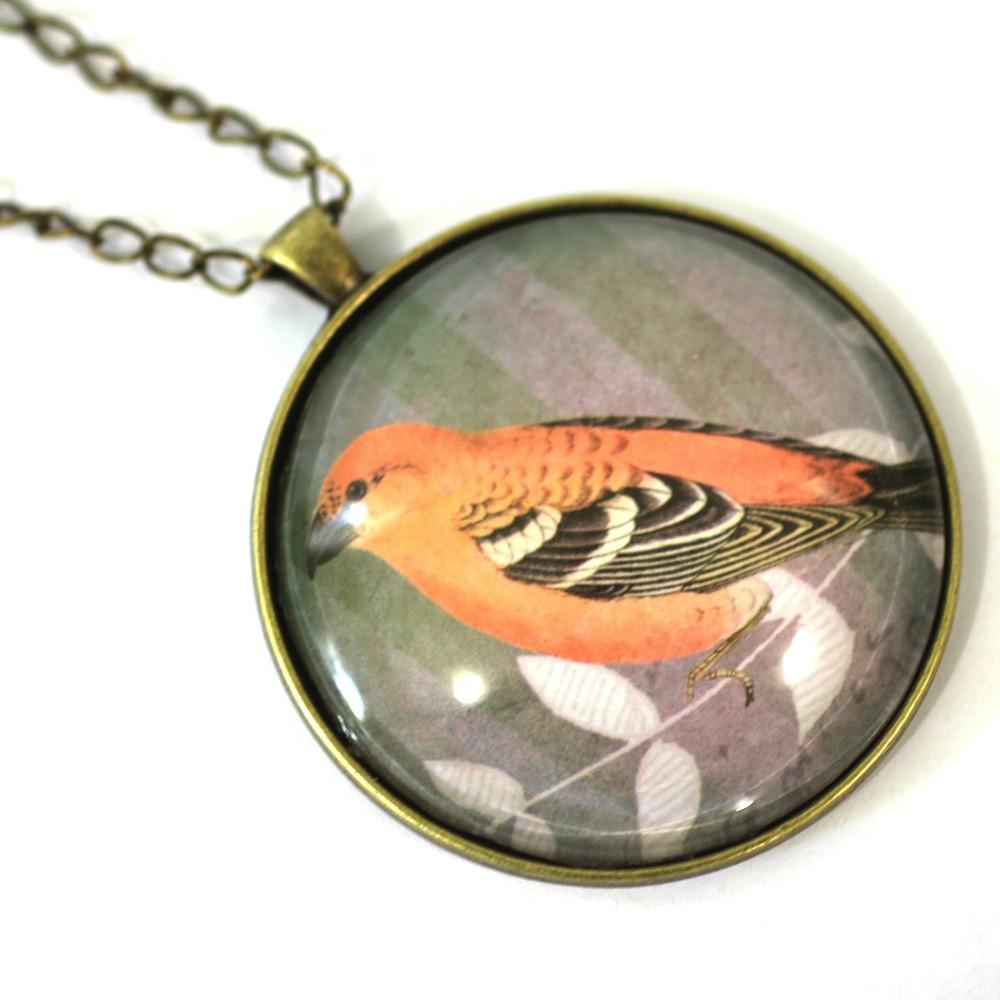 Orange Finch - Bird Pendant from Antique Bronze Chain - Simple Statement Necklace - 30
