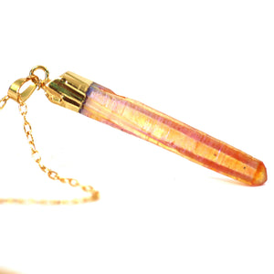 Peach Raw Aurora Crystal Pendant on 18" Long 24k Gold Plated Chain