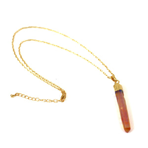 Peach Raw Aurora Crystal Pendant on 18" Long 24k Gold Plated Chain