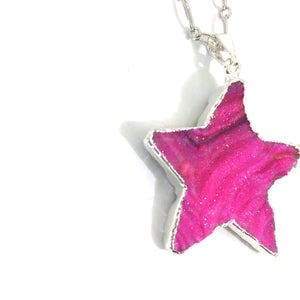 Pink Natural Drusy Star Pendant on Silver Plated Chain