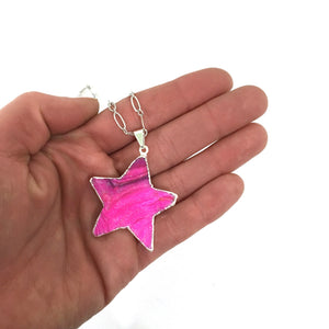 Pink Natural Drusy Star Pendant on Silver Plated Chain