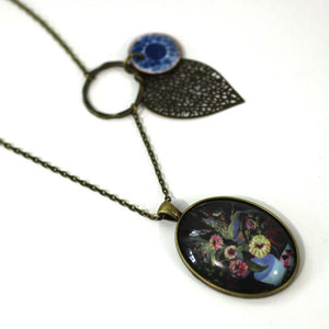 Pot of Flowers - Bird Pendant from Antique Bronze Chain - Simple Statement Necklace - 24" Long - Papersonal - Clay Space