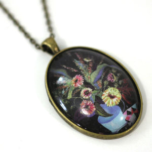 Pot of Flowers - Bird Pendant from Antique Bronze Chain - Simple Statement Necklace - 24" Long - Papersonal - Clay Space