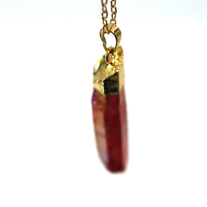 Red Raw Aurora Crystal Pendant on 18" Long 24k Gold Plated Chain