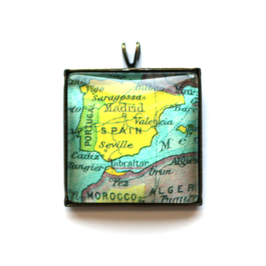 Necklace - Spain Vintage Map Small Square Pendant