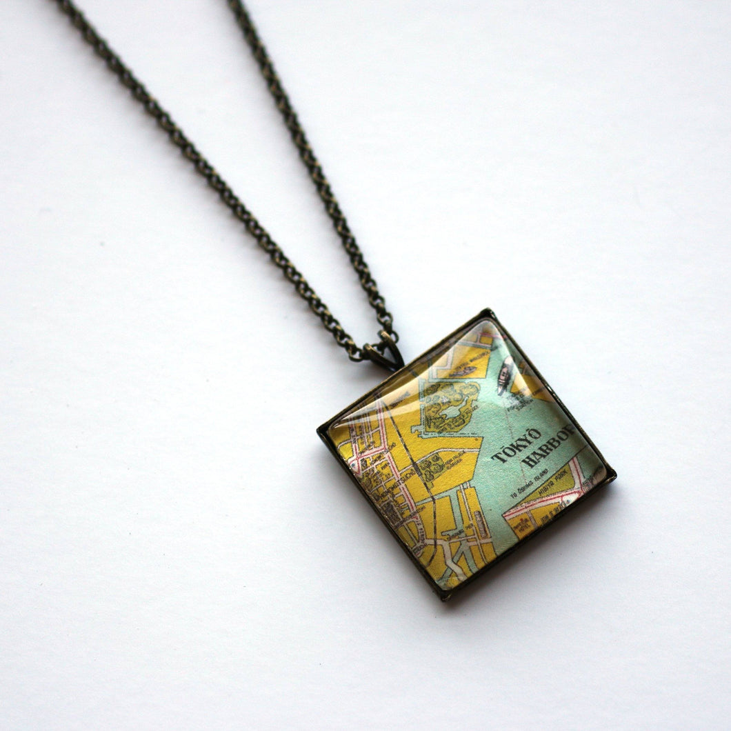 Necklace - Tokyo Vintage Map Small Square Pendant