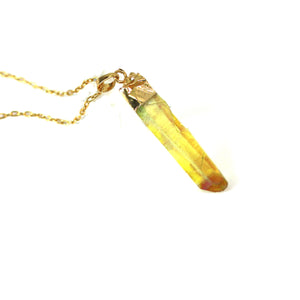 Yellow Raw Aura Crystal Pendant on 18" Long 24k Gold Plated Chain