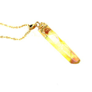 Yellow Raw Aura Crystal Pendant on 18" Long 24k Gold Plated Chain