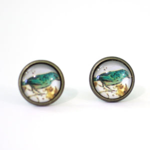 Teal Bird in Cherry Tree Cabochon Set in 14mm Antique Bronze Round Post Earrings