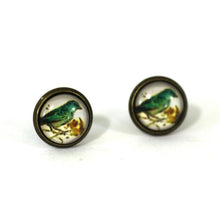 Load image into Gallery viewer, Teal Bird in Cherry Tree Cabochon Set in 14mm Antique Bronze Round Post Earrings