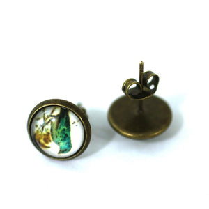 Teal Bird in Cherry Tree Cabochon Set in 14mm Antique Bronze Round Post Earrings