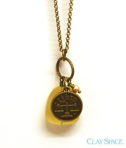 Zodiac Necklace. Libra Constellation Necklace. Yellow Sea Glass Pendant. September Birthday Gift. Swarovski Pearl Necklace.